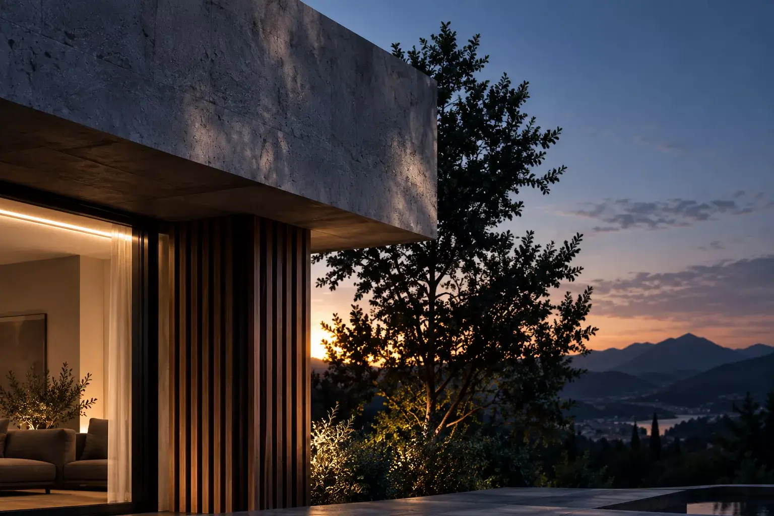 Détail architectural d'une façade contemporaine au crépuscule, bois et béton.